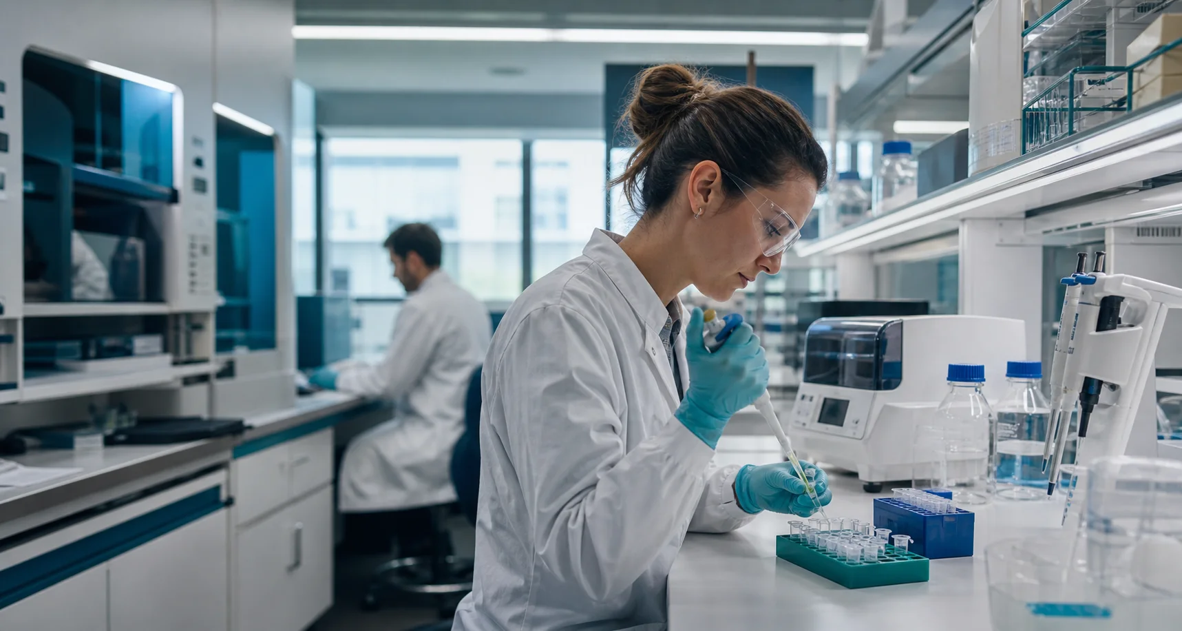 A scientist pipetting in a modern molecular biology laboratory